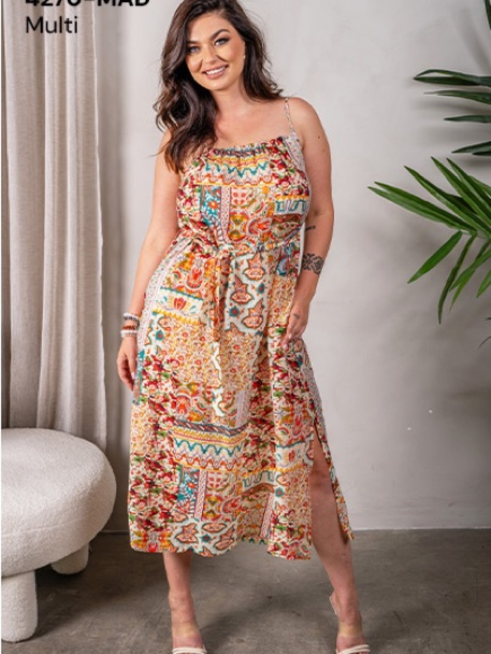 Plus-Size Multi-Color Printed Spaghetti Strap Midi Dress